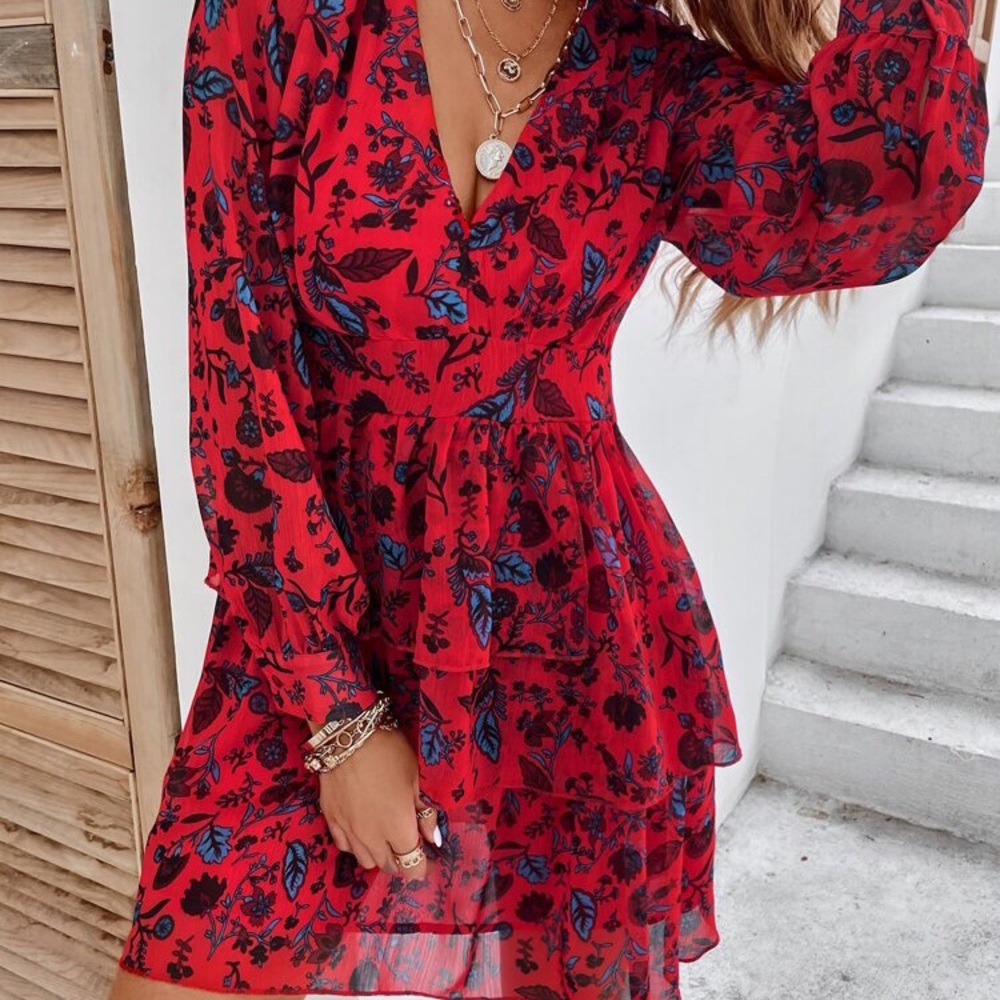 SHEIN Plunging Neck Allover Plants A-line Dress L